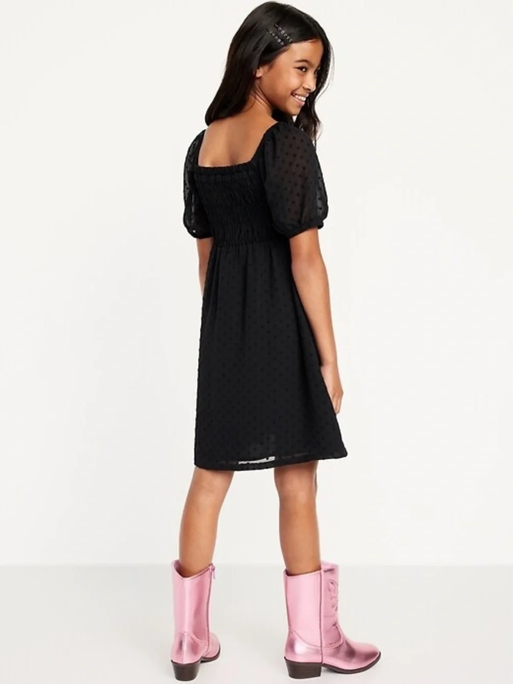 NWT Old Navy Girls Chiffon Puff-Sleeve Smocked Clip-Dot Dress | Black |‎ Small